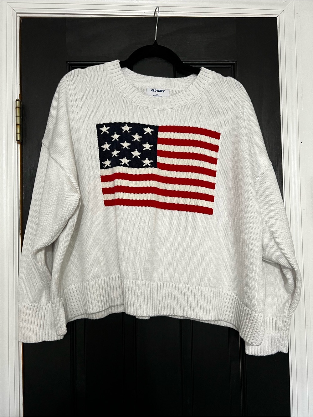 Old Navy White Crewneck Sweater with Red and Blue Flag Motif
